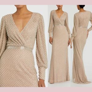 NWT Mac Duggal [ 10 ] 10062 Wrap Over Bishop Sleeve Gown With Pearl Beading Nude